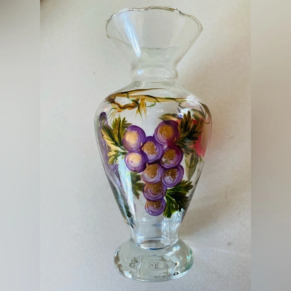 Vintage hand painted apples and grapes glass vase.